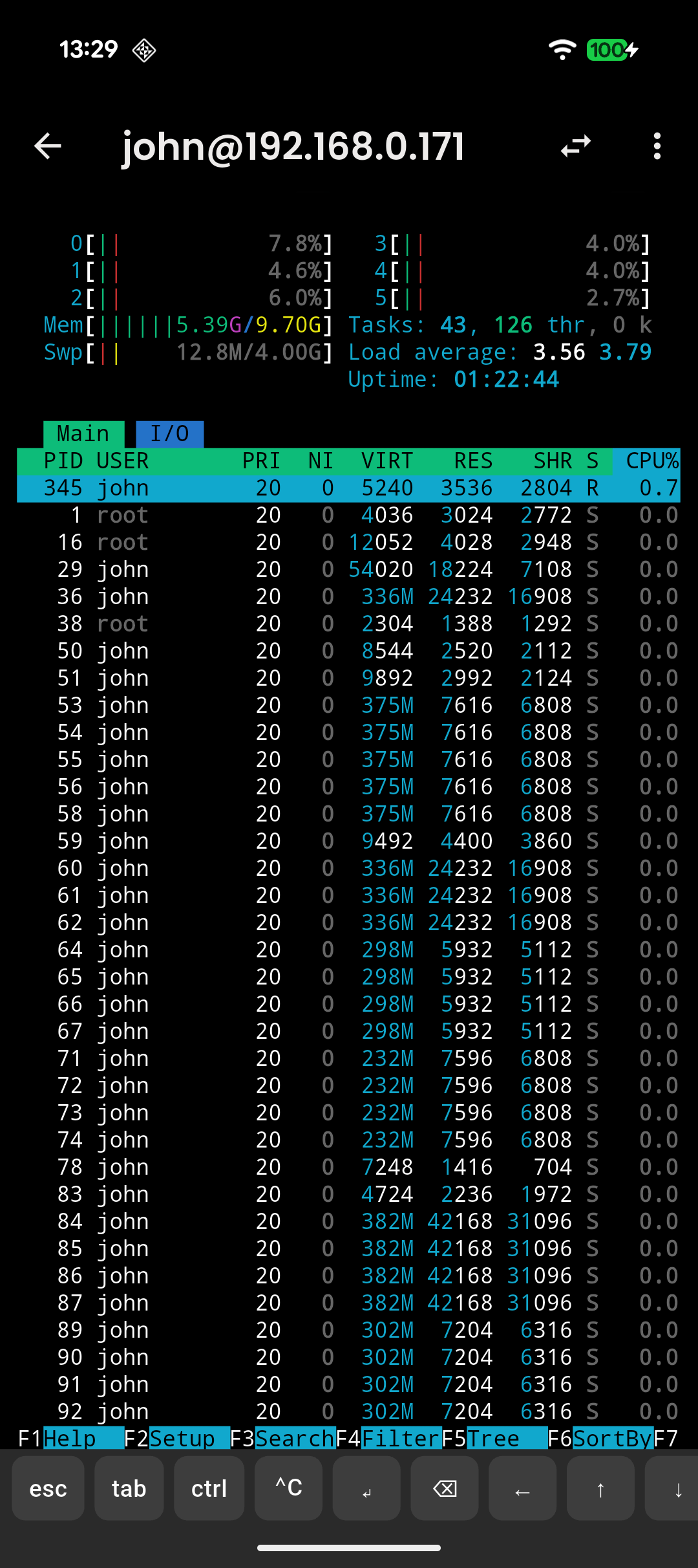 SSH terminal session running htop on Android