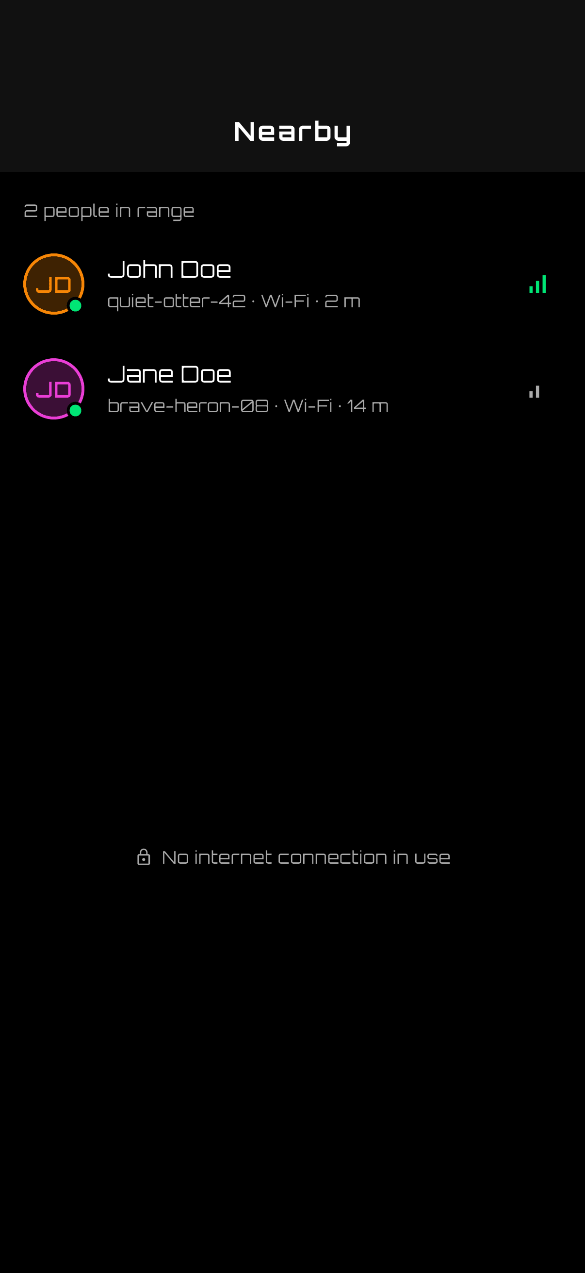 Nearby peers John Doe and Jane Doe, discovered without the internet