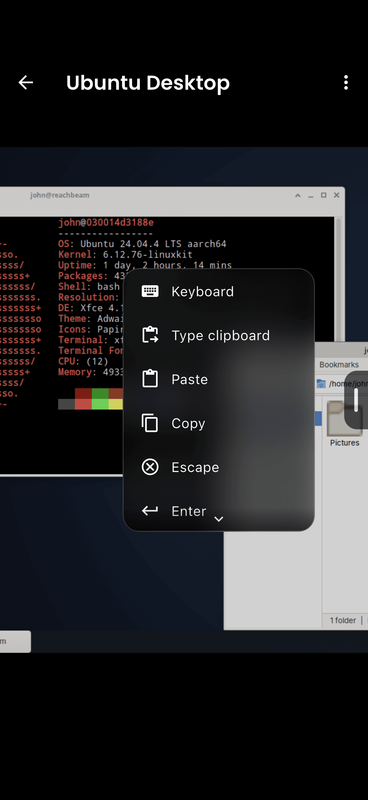 Reachbeam quick actions menu over a Linux desktop